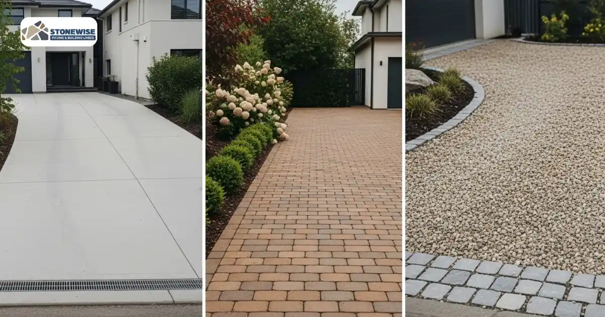 Three driveway material options side by side — resin, tarmac, concrete